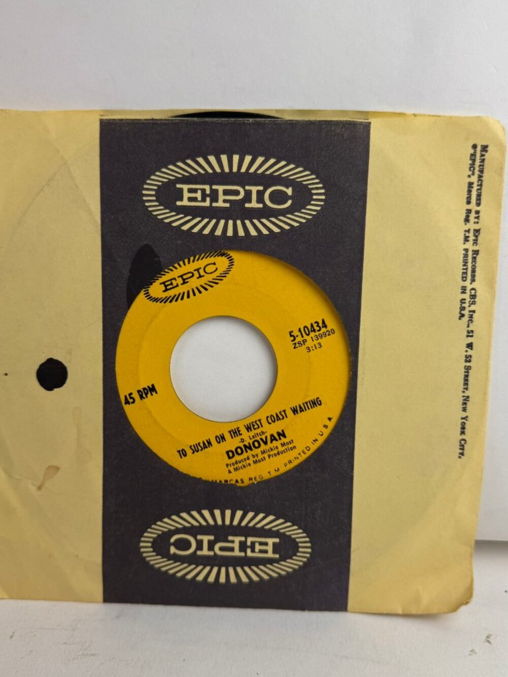 Donovan Atlantis / To Susan On The West Coast Waiting 7" 45 Vinyl Epic 5-10434